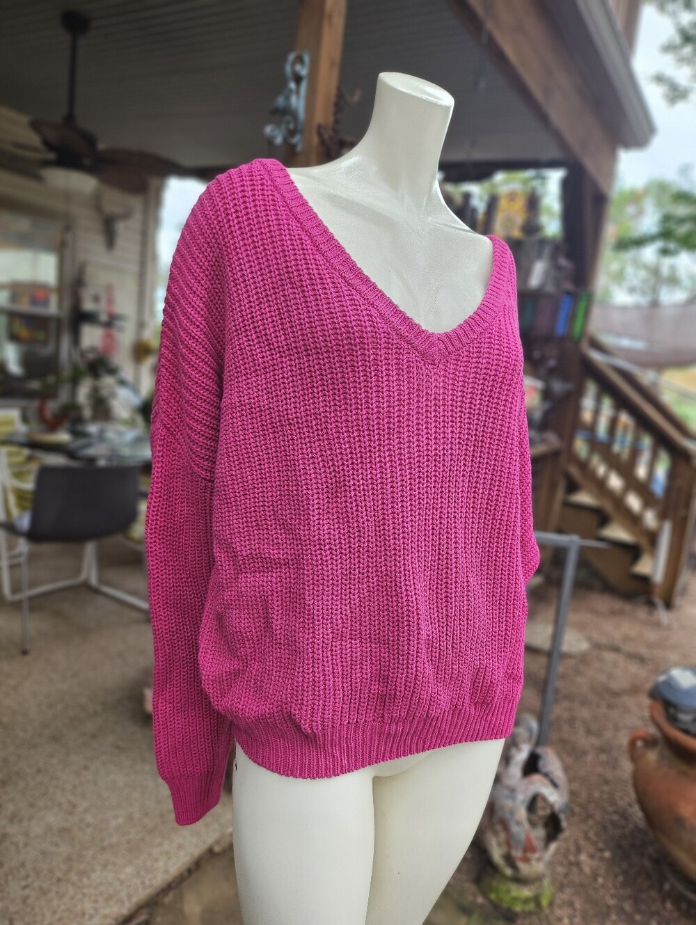 New W Tag Fab'rik Hot Pink Chunky Knit Baggy V-Neck Sweater Size L